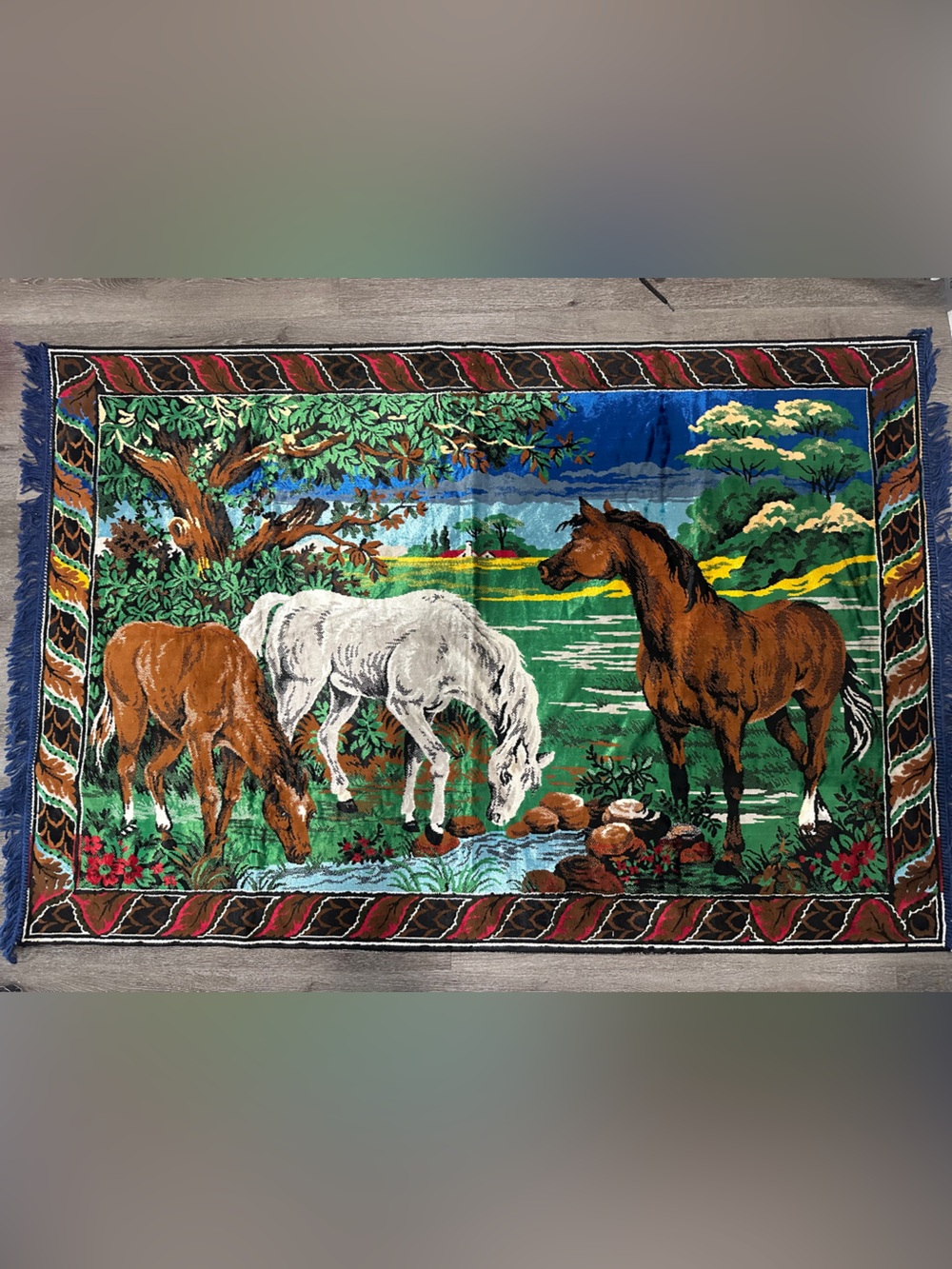 Horse Throw Rug Equestrian Cottagecore Western Farmhouse Wall Blue Fringe 70x46